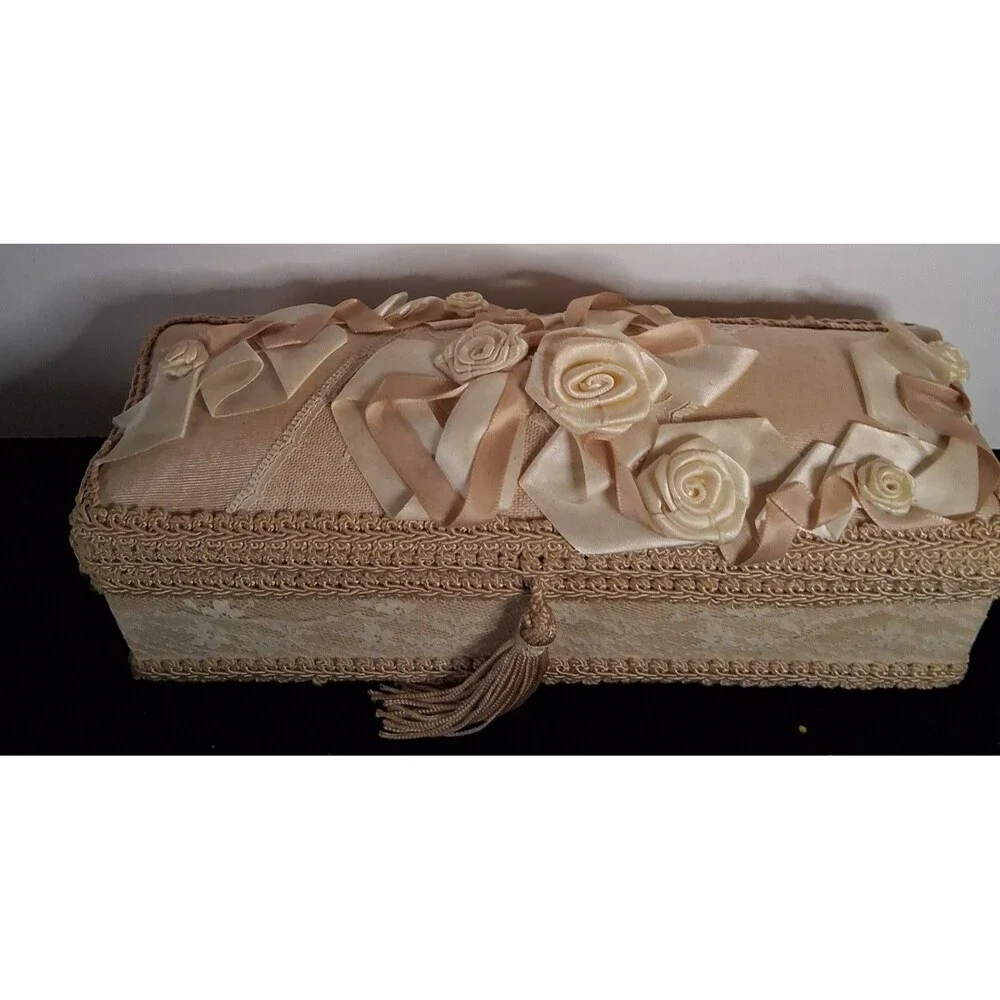 Lace Jewelry Box Silk Floral Lid Trinket Case